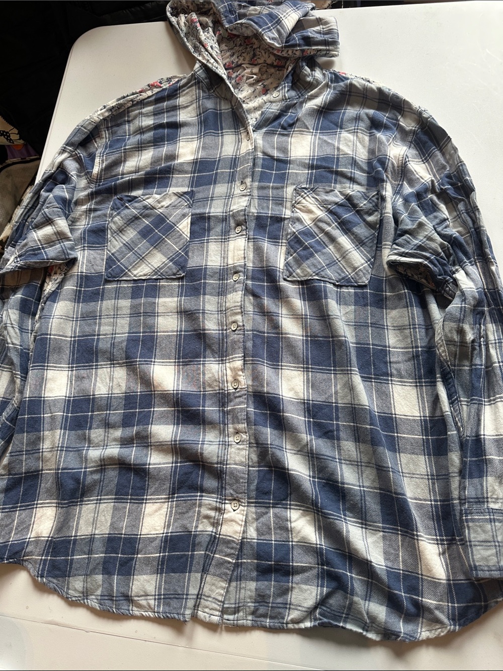 Bethany Mota Blue and White Plaid Hooded Button-Up Shirt